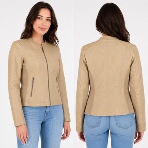 Maurices Faux Leather Moto Jacket Womens XL Tan Quilted Zip Up‎ Ribbed Panels